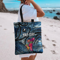 Yap Day Island Floral Tribal Heritage Tote Bag Micronesian Hibiscus Pattern Polynesian Tattoo Blue Art