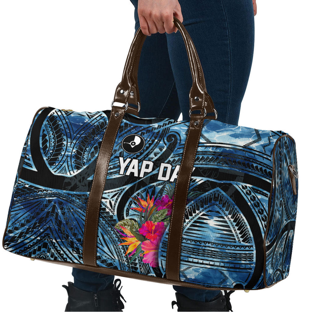 Yap Day Island Floral Tribal Heritage Travel Bag Micronesian Hibiscus Pattern Polynesian Tattoo Blue Art