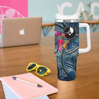 Yap Day Island Floral Tribal Heritage Tumbler With Handle Micronesian Hibiscus Pattern Polynesian Tattoo Blue Art