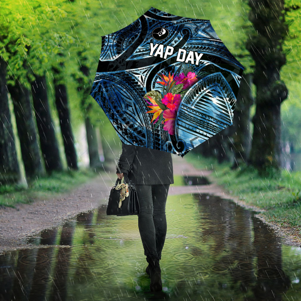 Yap Day Island Floral Tribal Heritage Umbrella Micronesian Hibiscus Pattern Polynesian Tattoo Blue Art