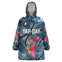 Yap Day Island Floral Tribal Heritage Wearable Blanket Hoodie Micronesian Hibiscus Pattern Polynesian Tattoo Blue Art