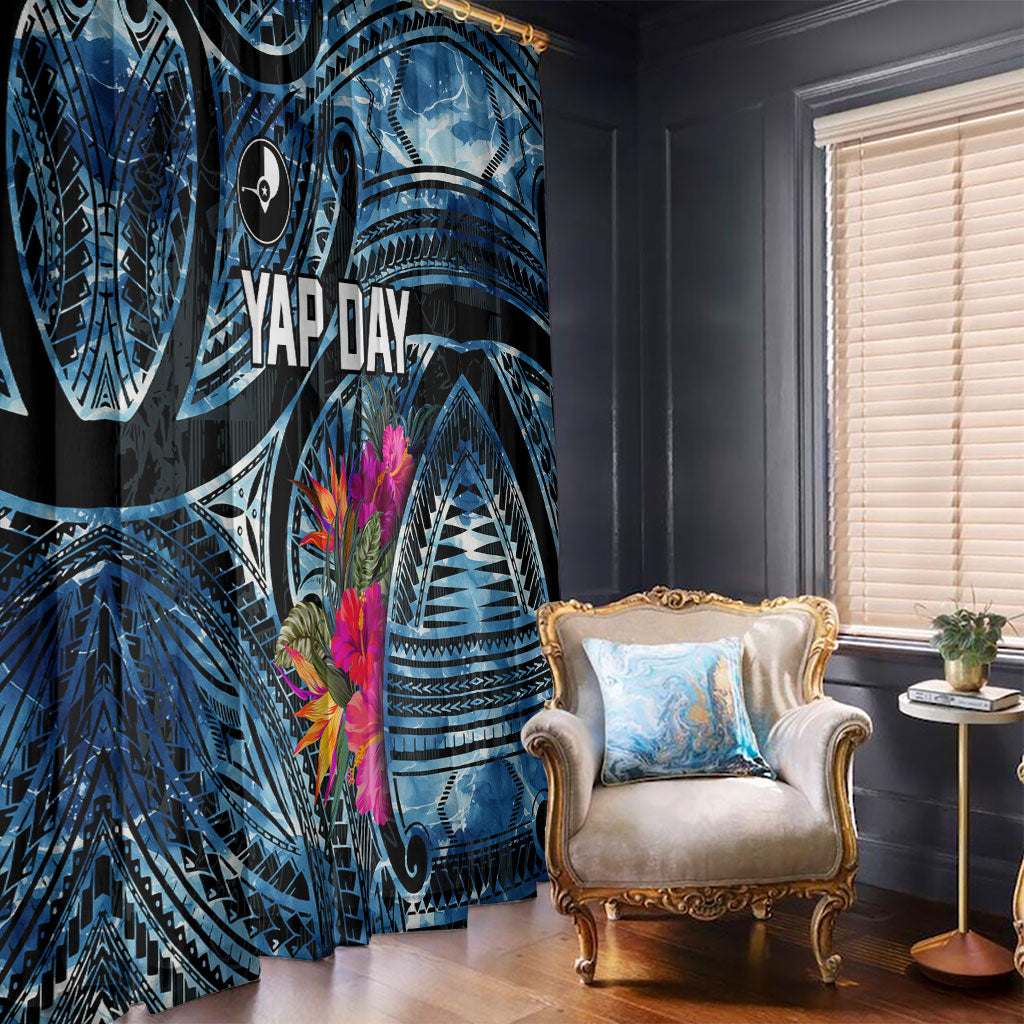 Yap Day Island Floral Tribal Heritage Window Curtain Micronesian Hibiscus Pattern Polynesian Tattoo Blue Art