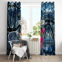 Yap Day Island Floral Tribal Heritage Window Curtain Micronesian Hibiscus Pattern Polynesian Tattoo Blue Art
