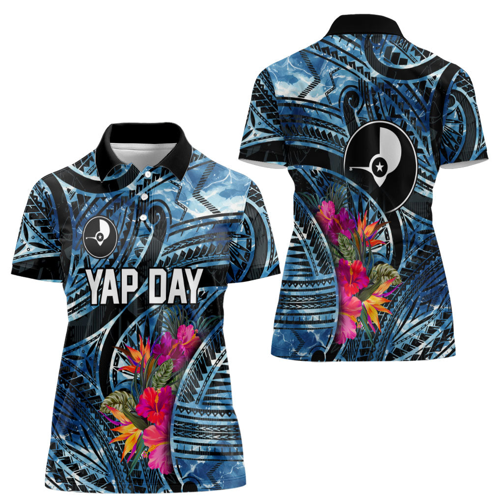 Yap Day Island Floral Tribal Heritage Women Polo Shirt Micronesian Hibiscus Pattern Polynesian Tattoo Blue Art