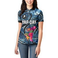 Yap Day Island Floral Tribal Heritage Women Polo Shirt Micronesian Hibiscus Pattern Polynesian Tattoo Blue Art