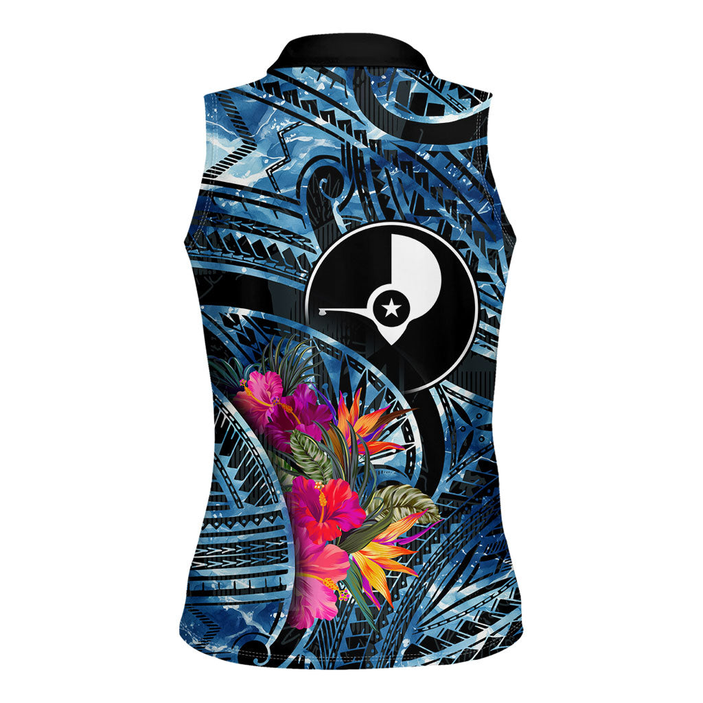 Yap Day Island Floral Tribal Heritage Women Sleeveless Polo Shirt Micronesian Hibiscus Pattern Polynesian Tattoo Blue Art