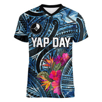 Yap Day Island Floral Tribal Heritage Women V-Neck T-Shirt Micronesian Hibiscus Pattern Polynesian Tattoo Blue Art