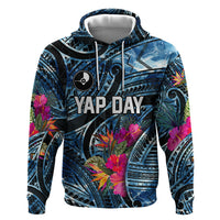 Yap Day Island Floral Tribal Heritage Zip Hoodie Micronesian Hibiscus Pattern Polynesian Tattoo Blue Art