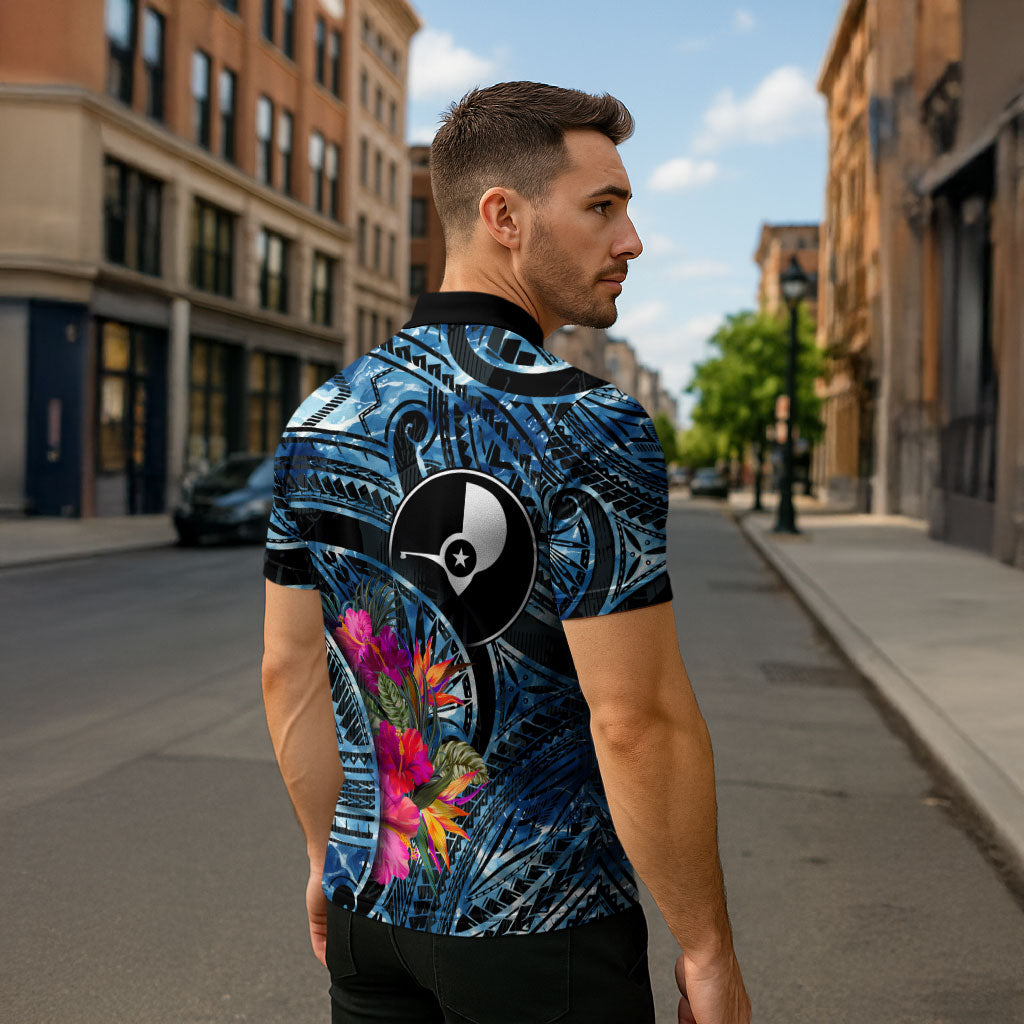 Yap Day Island Floral Tribal Heritage Zipper Polo Shirt Micronesian Hibiscus Pattern Polynesian Tattoo Blue Art