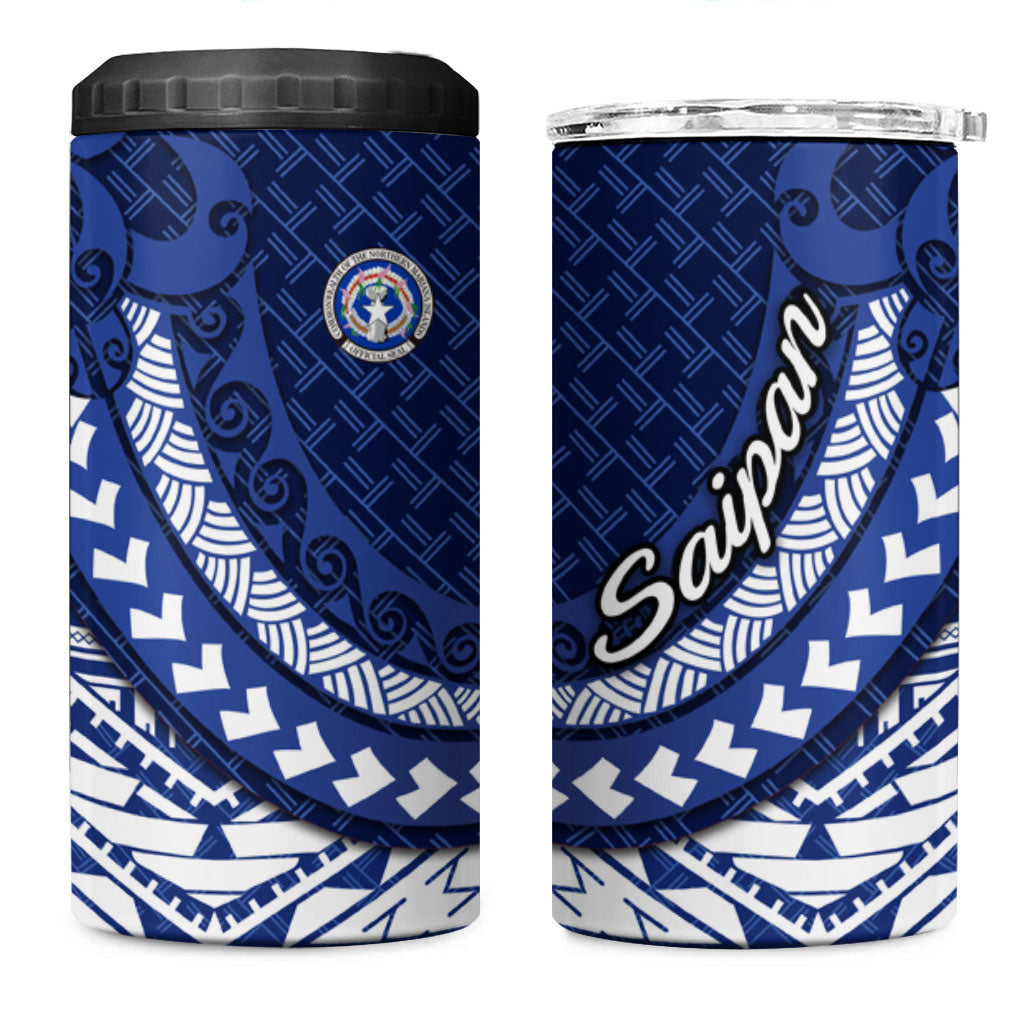 Northern Mariana Islands Saipan 4 in 1 Can Cooler Tumbler Polynesian Tribal Pattern - Commonwealth Seal Art