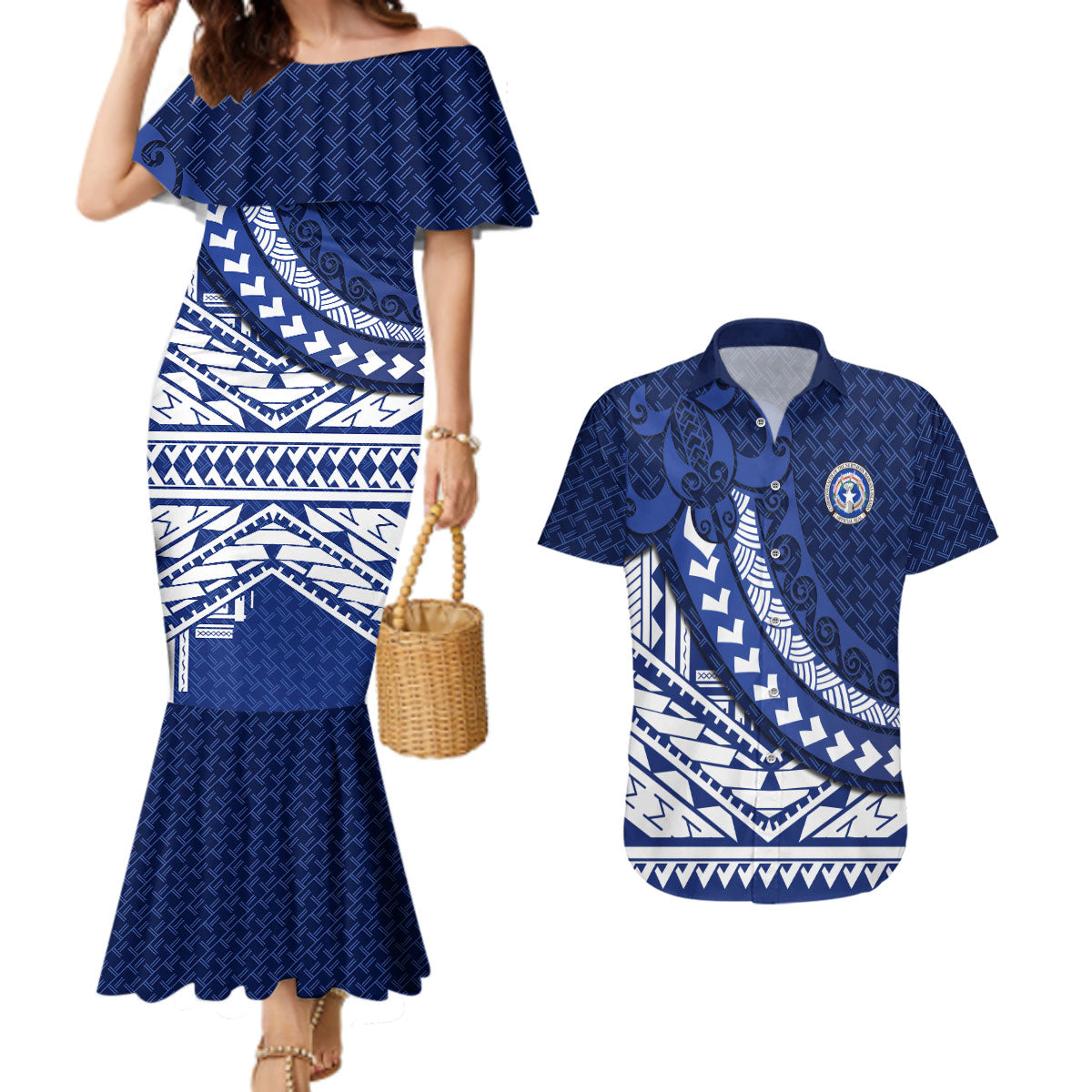 Northern Mariana Islands Saipan Couples Matching Mermaid Dress and Hawaiian Shirt Polynesian Tribal Pattern - Commonwealth Seal Art