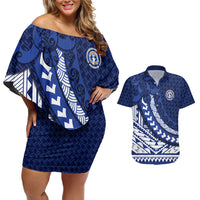 Northern Mariana Islands Saipan Couples Matching Off Shoulder Short Dress and Hawaiian Shirt Polynesian Tribal Pattern - Commonwealth Seal Art TS04 Blue White - Polynesian Pride