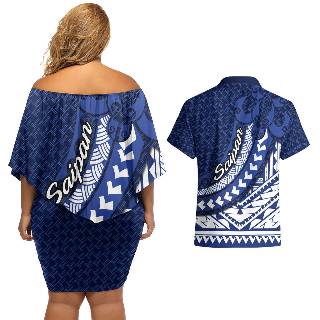 Northern Mariana Islands Saipan Couples Matching Off Shoulder Short Dress and Hawaiian Shirt Polynesian Tribal Pattern - Commonwealth Seal Art TS04 - Polynesian Pride
