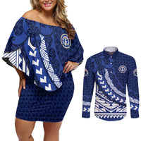 Northern Mariana Islands Saipan Couples Matching Off Shoulder Short Dress and Long Sleeve Button Shirt Polynesian Tribal Pattern - Commonwealth Seal Art