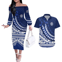 Northern Mariana Islands Saipan Couples Matching Off The Shoulder Long Sleeve Dress and Hawaiian Shirt Polynesian Tribal Pattern - Commonwealth Seal Art