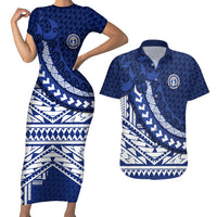 Northern Mariana Islands Saipan Couples Matching Short Sleeve Bodycon Dress and Hawaiian Shirt Polynesian Tribal Pattern - Commonwealth Seal Art TS04 Blue White - Polynesian Pride