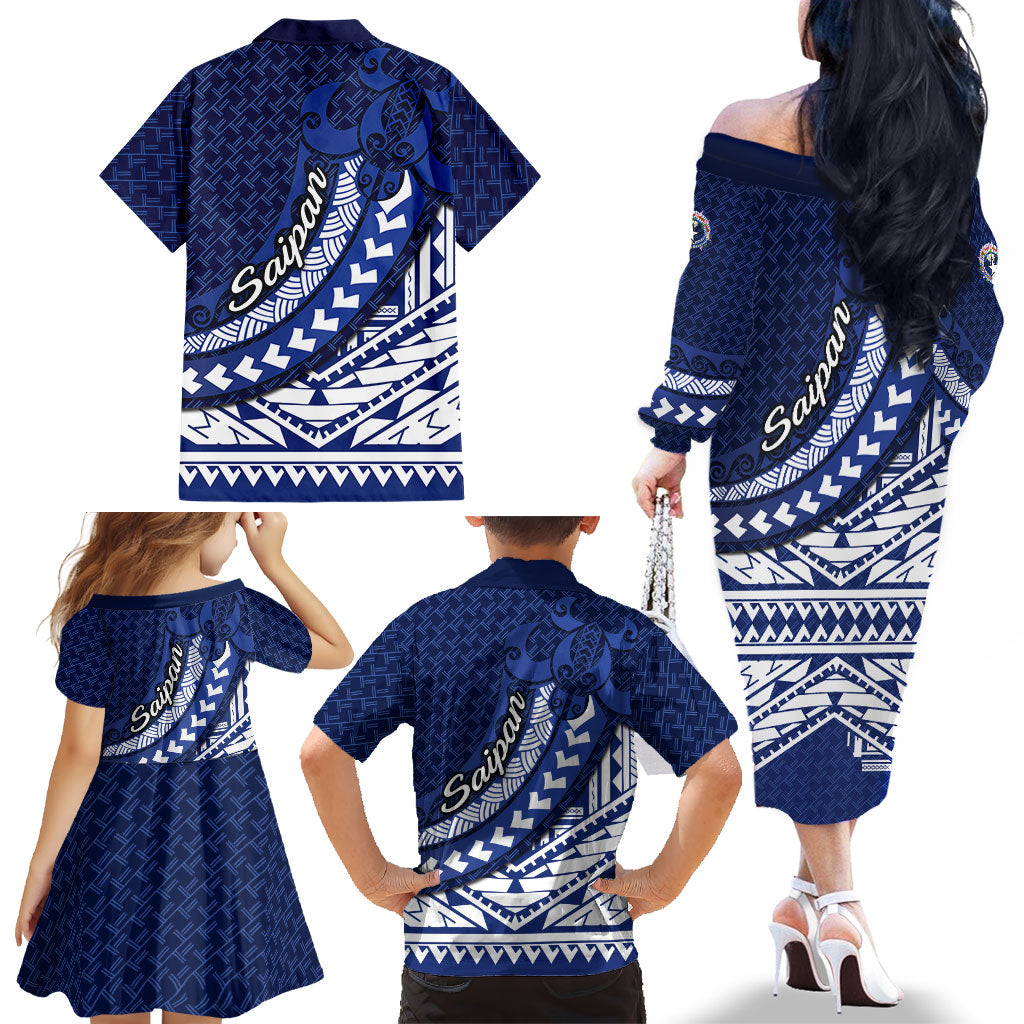 Northern Mariana Islands Saipan Family Matching Off The Shoulder Long Sleeve Dress and Hawaiian Shirt Polynesian Tribal Pattern - Commonwealth Seal Art