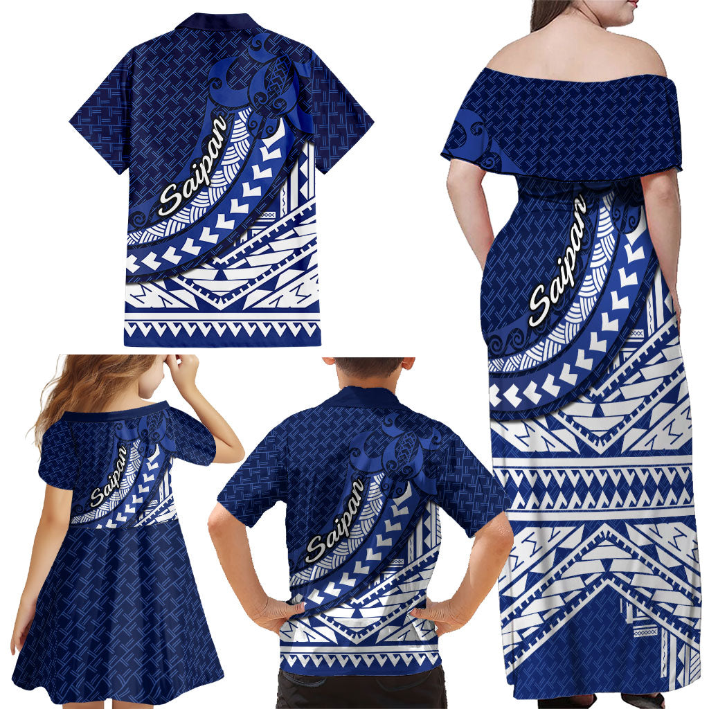 Northern Mariana Islands Saipan Family Matching Off Shoulder Maxi Dress and Hawaiian Shirt Polynesian Tribal Pattern - Commonwealth Seal Art