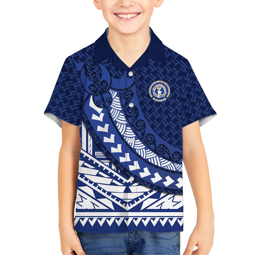 Northern Mariana Islands Saipan Family Matching Off Shoulder Short Dress and Hawaiian Shirt Polynesian Tribal Pattern - Commonwealth Seal Art