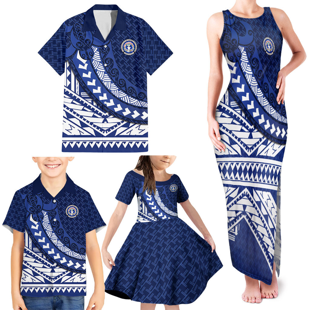 Northern Mariana Islands Saipan Family Matching Tank Maxi Dress and Hawaiian Shirt Polynesian Tribal Pattern - Commonwealth Seal Art
