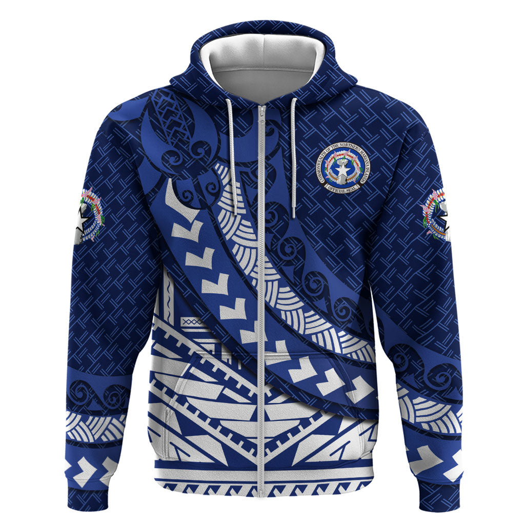 Northern Mariana Islands Saipan Hoodie Polynesian Tribal Pattern - Commonwealth Seal Art TS04 Zip Hoodie Blue White - Polynesian Pride