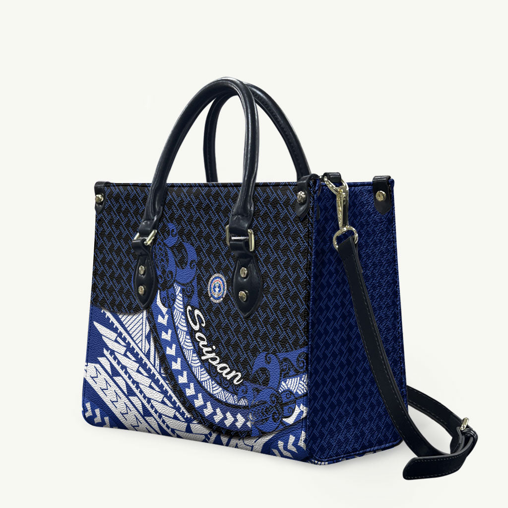Northern Mariana Islands Saipan Leather Bag Polynesian Tribal Pattern - Commonwealth Seal Art TS04 Blue White - Polynesian Pride