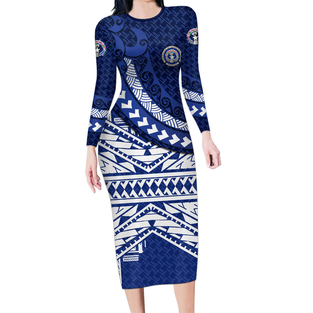 Northern Mariana Islands Saipan Long Sleeve Bodycon Dress Polynesian Tribal Pattern - Commonwealth Seal Art TS04 Long Dress Blue White - Polynesian Pride