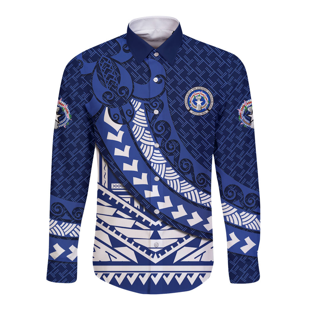 Northern Mariana Islands Saipan Long Sleeve Button Shirt Polynesian Tribal Pattern - Commonwealth Seal Art