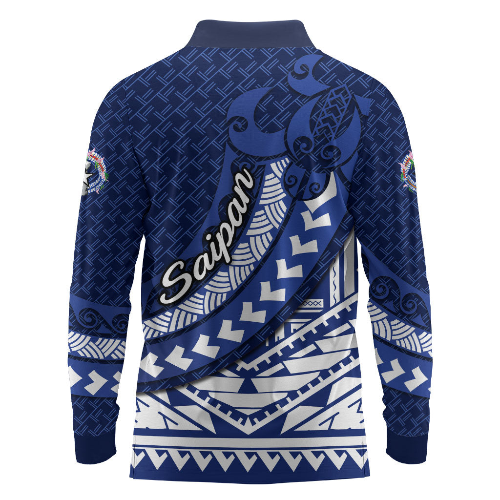 Northern Mariana Islands Saipan Long Sleeve Polo Shirt Polynesian Tribal Pattern - Commonwealth Seal Art