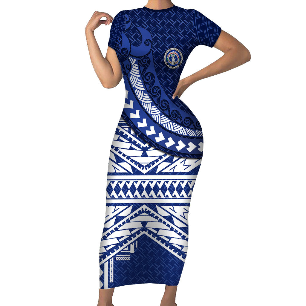 Northern Mariana Islands Saipan Short Sleeve Bodycon Dress Polynesian Tribal Pattern - Commonwealth Seal Art
