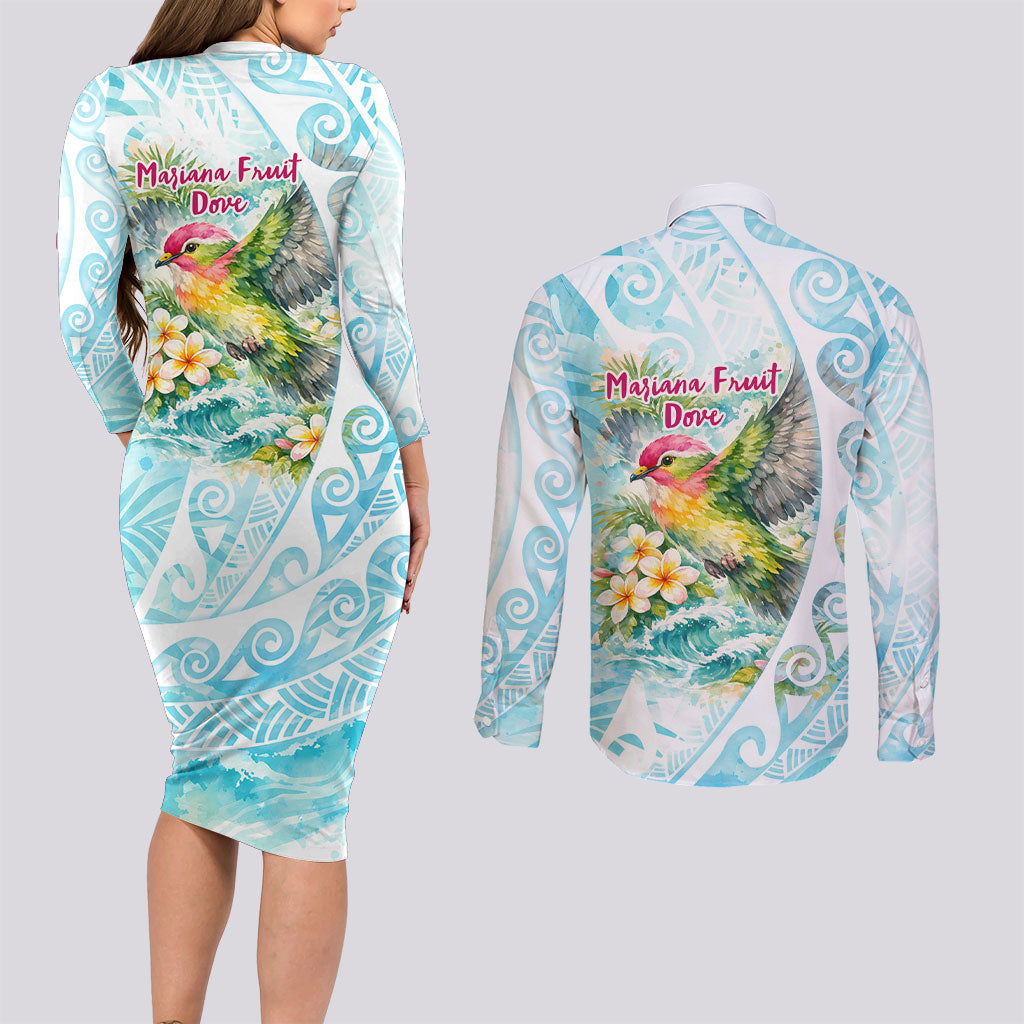 Saipan CMNI Couples Matching Long Sleeve Bodycon Dress and Long Sleeve Button Shirt Polynesian Northern Mariana Islands Fruit Dove Watercolor