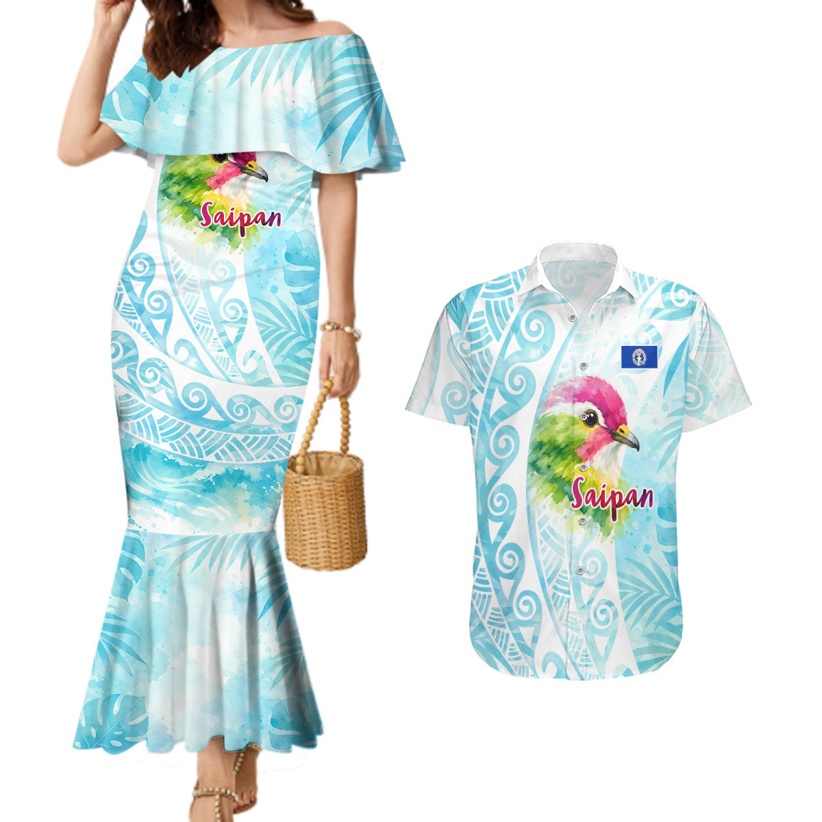 Saipan CMNI Couples Matching Mermaid Dress and Hawaiian Shirt Polynesian Northern Mariana Islands Fruit Dove Watercolor
