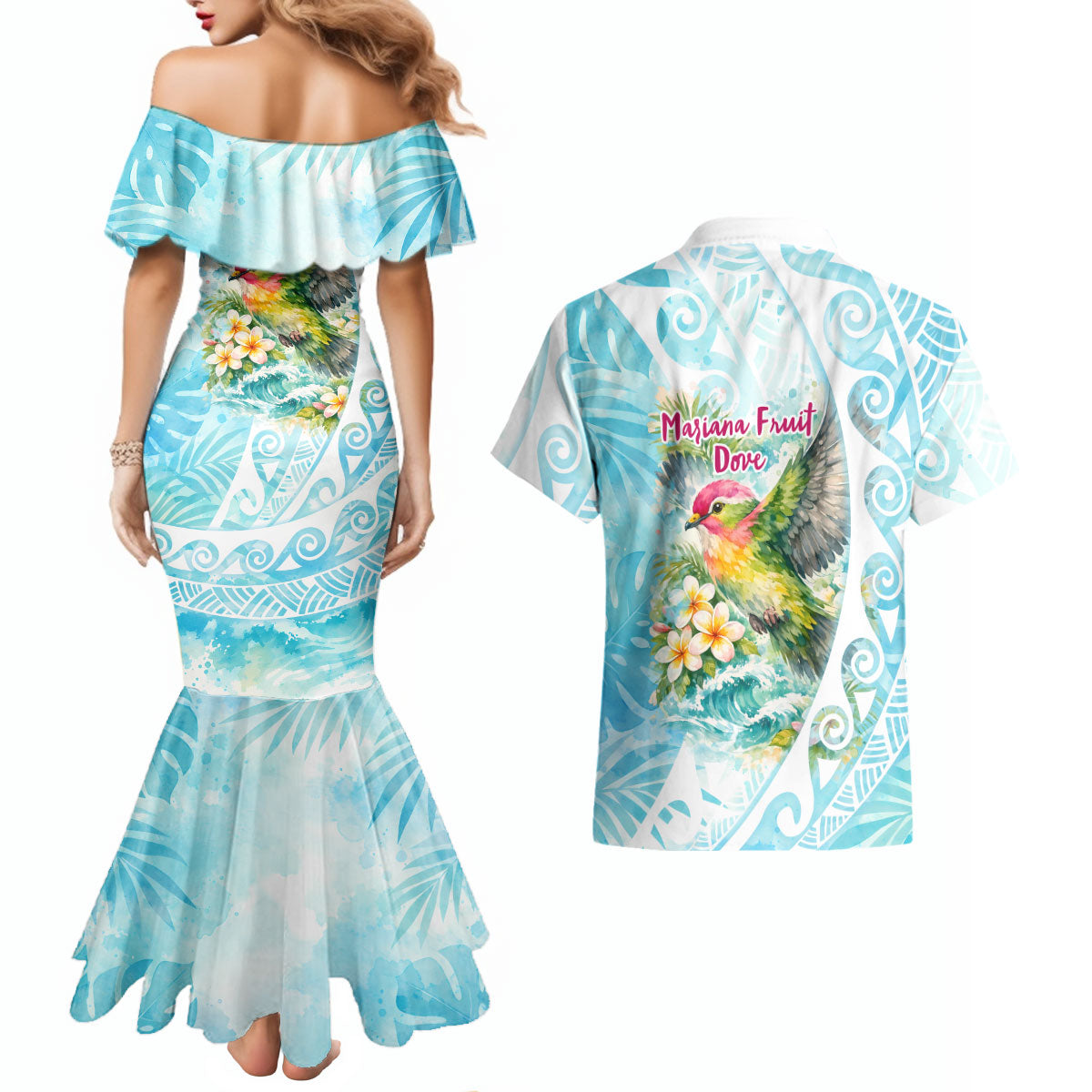 Saipan CMNI Couples Matching Mermaid Dress and Hawaiian Shirt Polynesian Northern Mariana Islands Fruit Dove Watercolor