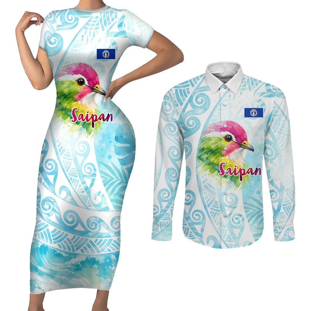 Saipan CMNI Couples Matching Short Sleeve Bodycon Dress and Long Sleeve Button Shirt Polynesian Northern Mariana Islands Fruit Dove Watercolor