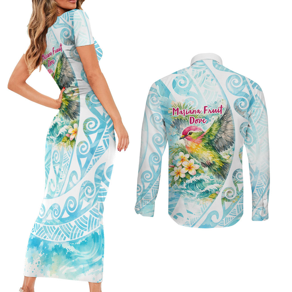 Saipan CMNI Couples Matching Short Sleeve Bodycon Dress and Long Sleeve Button Shirt Polynesian Northern Mariana Islands Fruit Dove Watercolor