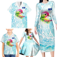 Saipan CMNI Family Matching Long Sleeve Bodycon Dress and Hawaiian Shirt Polynesian Northern Mariana Islands Fruit Dove Watercolor