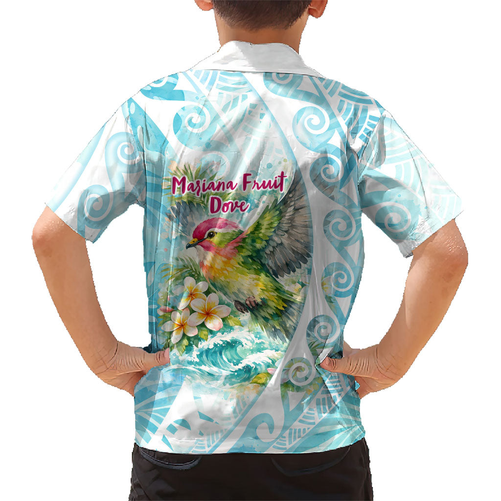 Saipan CMNI Family Matching Off The Shoulder Long Sleeve Dress and Hawaiian Shirt Polynesian Northern Mariana Islands Fruit Dove Watercolor