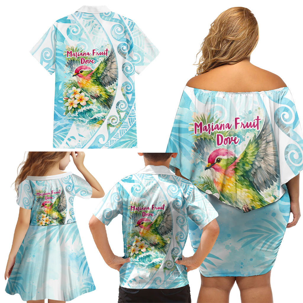 Saipan CMNI Family Matching Off Shoulder Short Dress and Hawaiian Shirt Polynesian Northern Mariana Islands Fruit Dove Watercolor