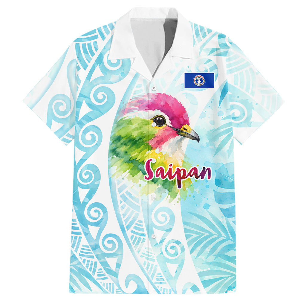 Saipan CMNI Family Matching Off Shoulder Short Dress and Hawaiian Shirt Polynesian Northern Mariana Islands Fruit Dove Watercolor