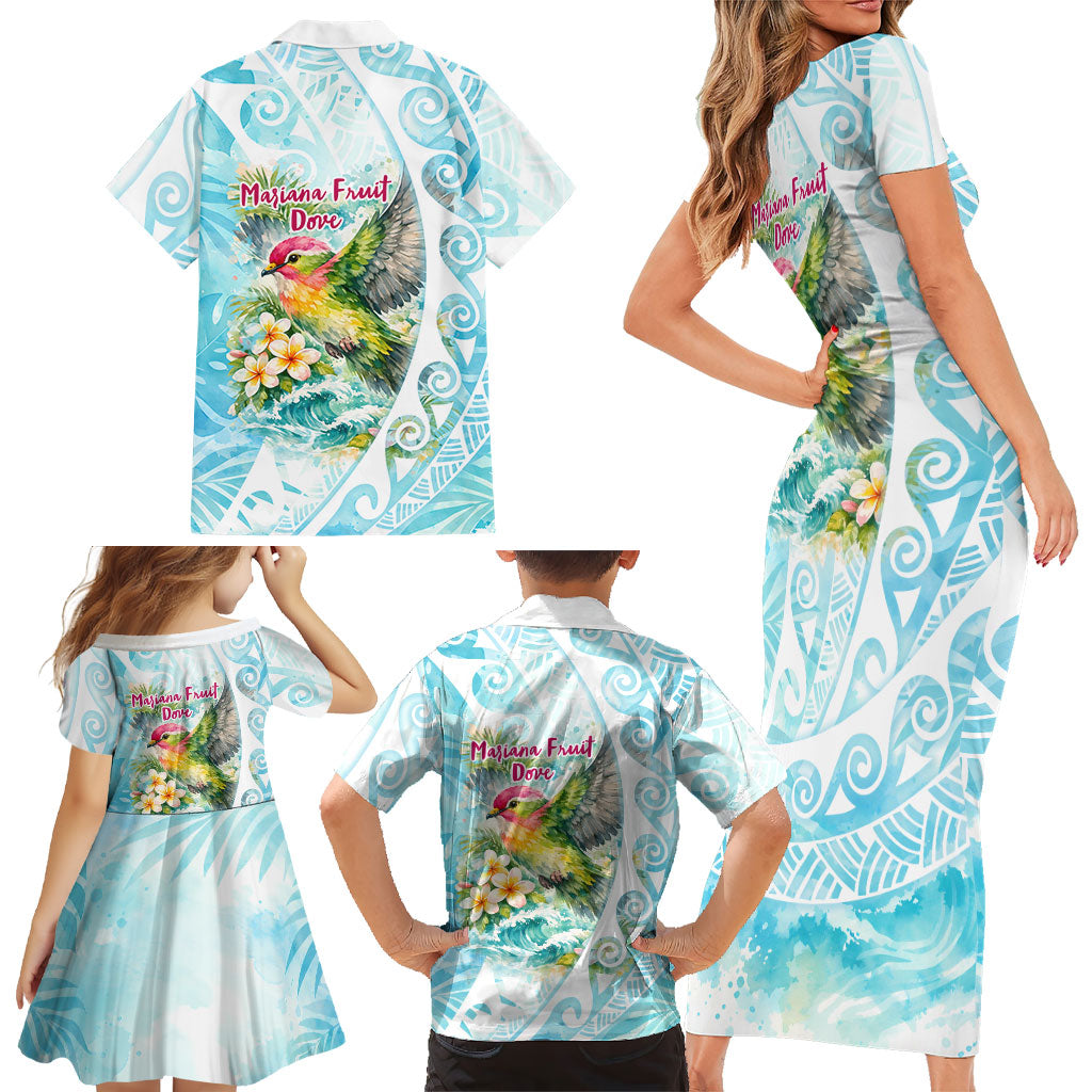 Saipan CMNI Family Matching Short Sleeve Bodycon Dress and Hawaiian Shirt Polynesian Northern Mariana Islands Fruit Dove Watercolor