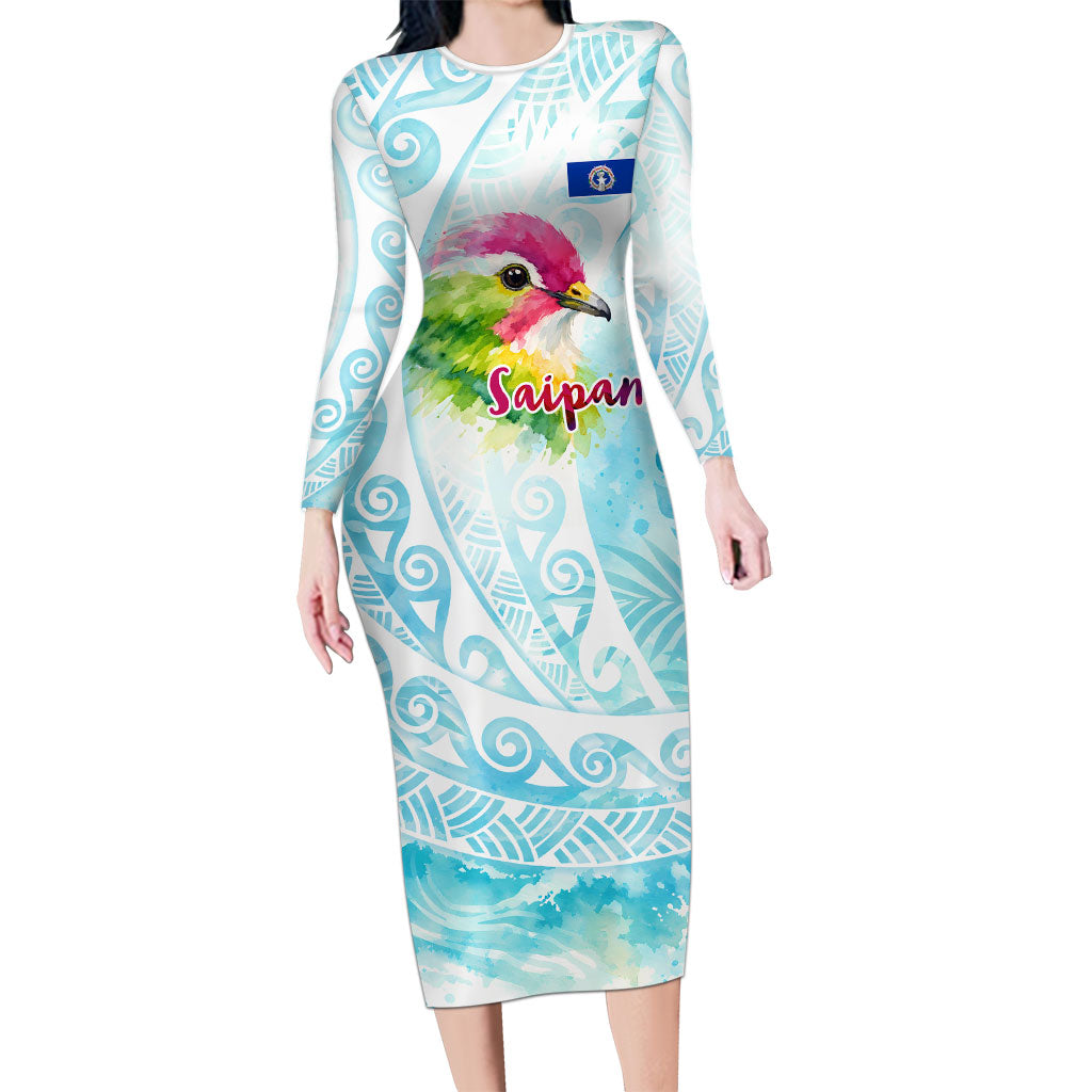 Saipan CMNI Long Sleeve Bodycon Dress Polynesian Northern Mariana Islands Fruit Dove Watercolor