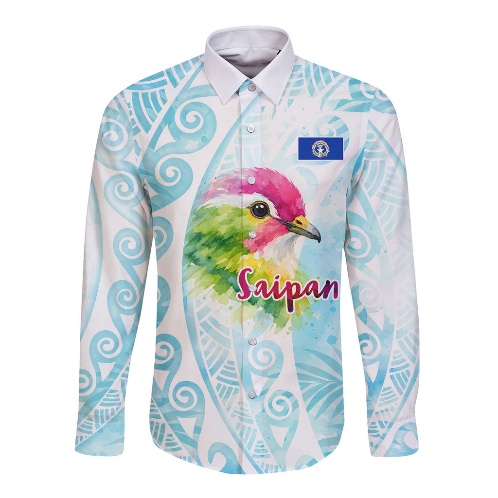 Saipan CMNI Long Sleeve Button Shirt Polynesian Northern Mariana Islands Fruit Dove Watercolor