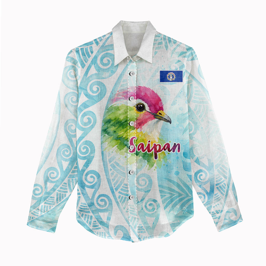 Saipan CMNI Women Casual Shirt Polynesian Northern Mariana Islands Fruit Dove Watercolor