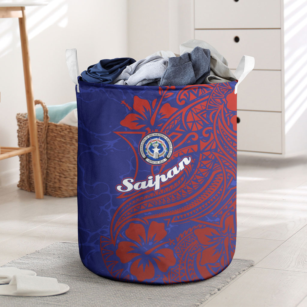 Saipan Northern Mariana Islands Laundry Basket Polynesian Tribal Tattoo Art With Hibiscus Flowers And Seal