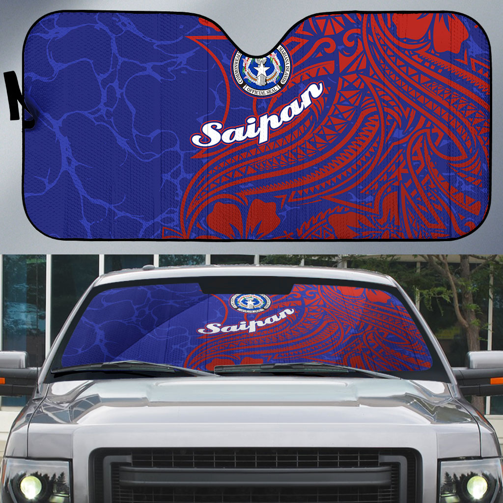 Saipan Northern Mariana Islands Auto Sun Shade Polynesian Tribal Tattoo Art With Hibiscus Flowers And Seal TS04 Blue Red - Polynesian Pride