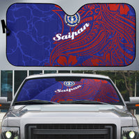 Saipan Northern Mariana Islands Auto Sun Shade Polynesian Tribal Tattoo Art With Hibiscus Flowers And Seal TS04 Blue Red - Polynesian Pride