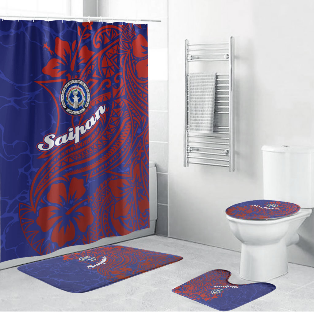 Saipan Northern Mariana Islands Bathroom Set Polynesian Tribal Tattoo Art With Hibiscus Flowers And Seal