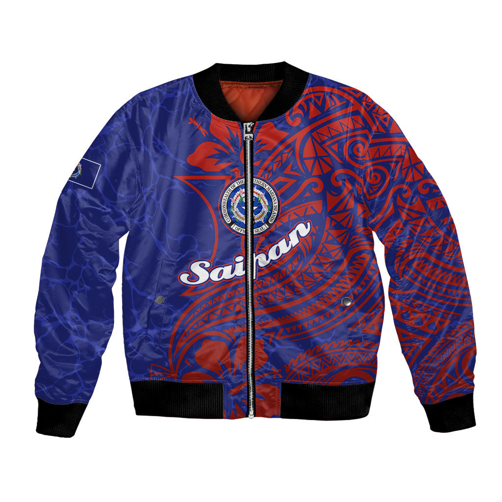 Saipan Northern Mariana Islands Bomber Jacket Polynesian Tribal Tattoo Art With Hibiscus Flowers And Seal TS04 Unisex Blue Red - Polynesian Pride