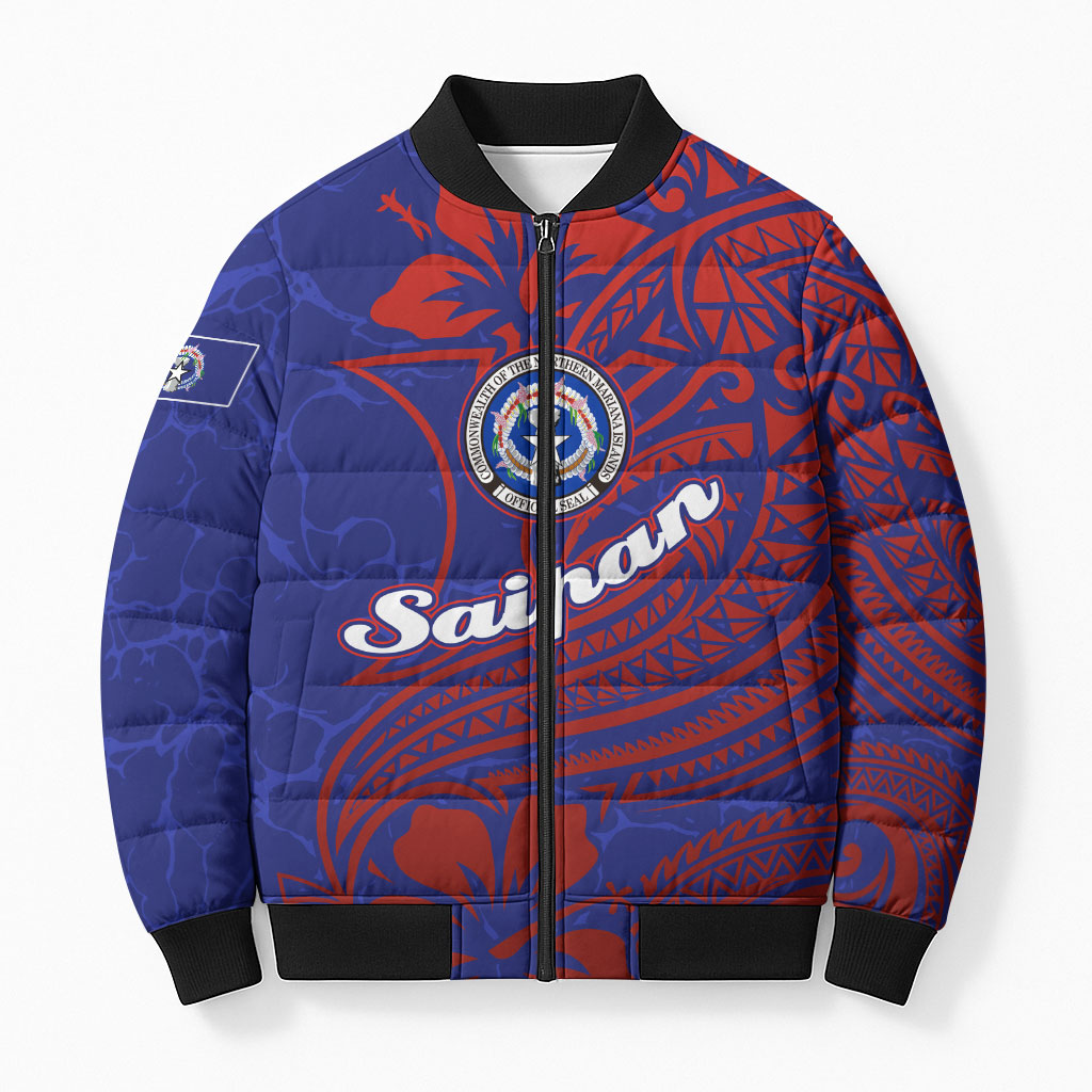 Saipan Northern Mariana Islands Bomber Puffer Jacket Polynesian Tribal Tattoo Art With Hibiscus Flowers And Seal