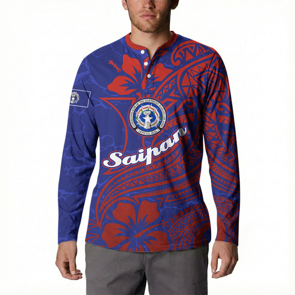 Saipan Northern Mariana Islands Button Sweatshirt Polynesian Tribal Tattoo Art With Hibiscus Flowers And Seal